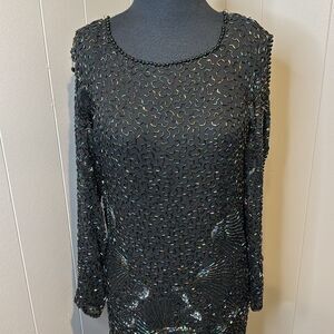 Stunning vintage beaded sequin black plung draped back neckline panel hem midi